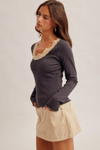 Load image into Gallery viewer, 6489- Lace Detail Long Sleeve Rib Top-CHARCOAL
