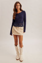 Load image into Gallery viewer, 6581- Lace Trimmed Button Down Rib Cardigan-NAVY
