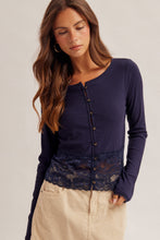Load image into Gallery viewer, 6581- Lace Trimmed Button Down Rib Cardigan-NAVY
