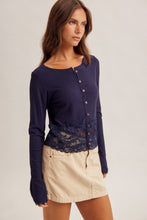 Load image into Gallery viewer, 6581- Lace Trimmed Button Down Rib Cardigan-NAVY
