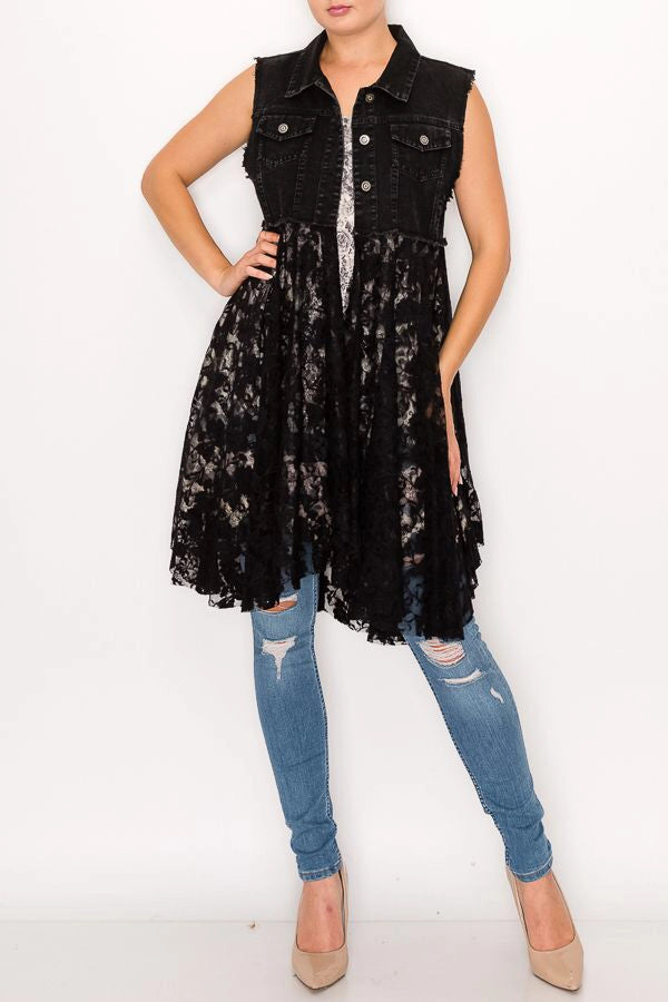5372-Cropped Denim Vest with Lace -BLACK