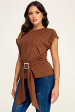 Load image into Gallery viewer, 6372- Short Sleeve Buckle Trim Detail Top-BROWN
