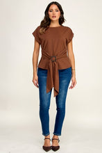 Load image into Gallery viewer, 6372- Short Sleeve Buckle Trim Detail Top-BROWN
