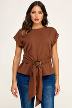 Load image into Gallery viewer, 6372- Short Sleeve Buckle Trim Detail Top-BROWN
