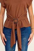 Load image into Gallery viewer, 6372- Short Sleeve Buckle Trim Detail Top-BROWN
