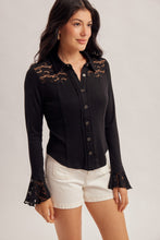 Load image into Gallery viewer, 6492- Lace Yoke Fitted Knit Button Down Top-BLACK
