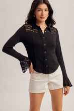 Load image into Gallery viewer, 6492- Lace Yoke Fitted Knit Button Down Top-BLACK
