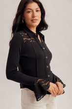 Load image into Gallery viewer, 6492- Lace Yoke Fitted Knit Button Down Top-BLACK
