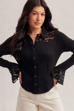 Load image into Gallery viewer, 6492- Lace Yoke Fitted Knit Button Down Top-BLACK
