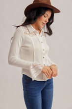 Load image into Gallery viewer, 6493- Lace Yoke Fitted Knit Button Down Top-VANILLA
