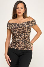 Load image into Gallery viewer, 6557- Knit Ruched Detail Off Shoulder Mesh Top
