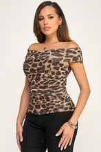 Load image into Gallery viewer, 6557- Knit Ruched Detail Off Shoulder Mesh Top
