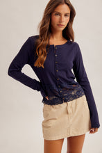 Load image into Gallery viewer, 6581- Lace Trimmed Button Down Rib Cardigan-NAVY
