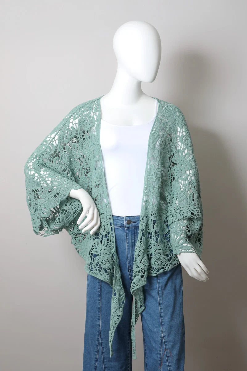 4297-Crochet Floral Petal Kimono Wrap-MINT
