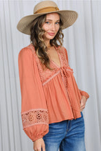 Load image into Gallery viewer, 6344- Eyelet Lace Tie Front V-Neck Long Puff Blouse -SIENNA
