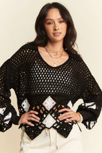 Load image into Gallery viewer, 5234-Crochet V Neck Long Sleeve Knit Sweater Top-BLK
