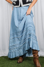 Load image into Gallery viewer, 6348- Ruffle Frayed Hem Chambray Casual Western Maxi Skirt
