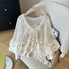 Load image into Gallery viewer, 6181- Crochet Cropped LACE UP TOP-BEIGE
