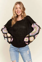 Load image into Gallery viewer, 4654-Multi Color Crochet Sleeve Loose Top-BLACK
