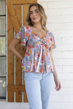 Load image into Gallery viewer, 6083- Lace Inserts Twist Front Floral Print Blouse-MULTI
