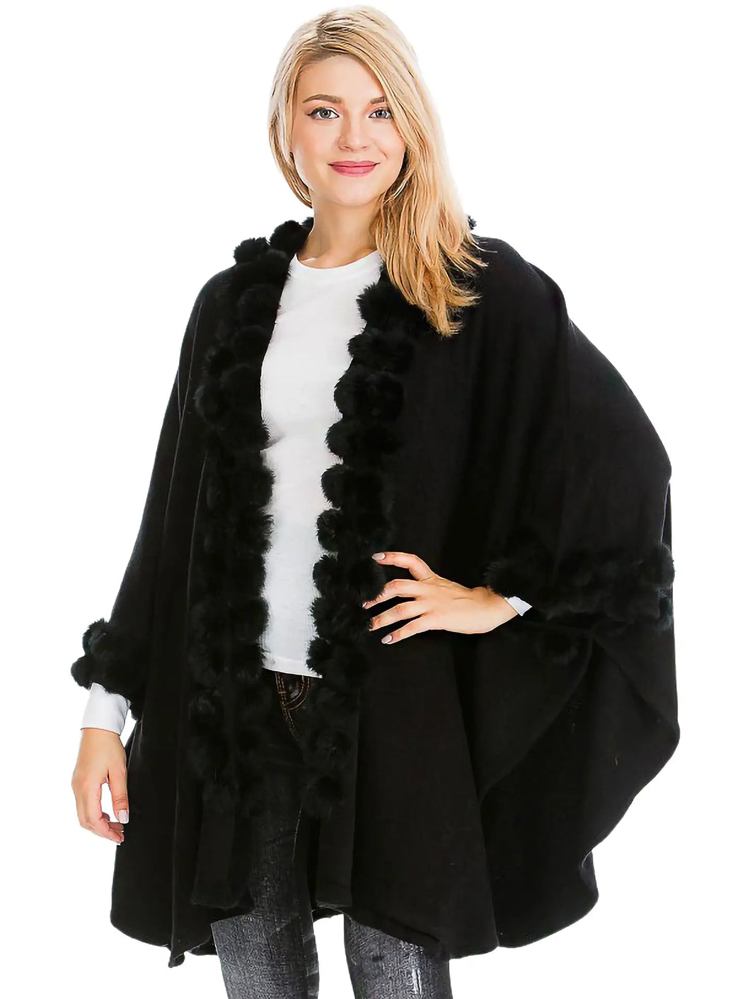 5744-Luxe Faux Fur Pom Trim Shawl Poncho-BLACK