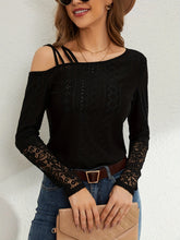Load image into Gallery viewer, 5374-Asymmetrical Off-Shoulder Lace Patchwork Top-BLACK
