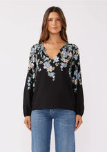 Load image into Gallery viewer, 5590-Blue Floral V-Split Smocked Neck Blouse-BLACK
