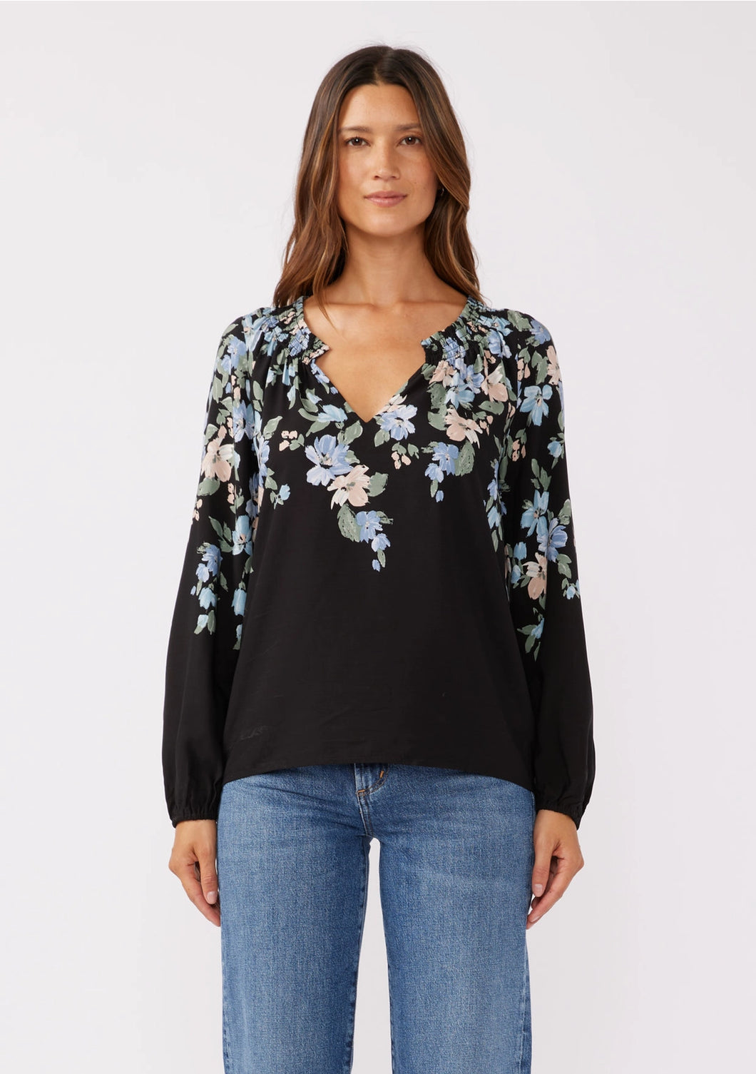 5590-Blue Floral V-Split Smocked Neck Blouse-BLACK