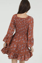 Load image into Gallery viewer, 6664- Smocked Bodice Vneck Ls DRESS-RUST
