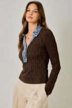 Load image into Gallery viewer, 6576- Denim Mix Textured Knit Henley Top-CHOCOLATE
