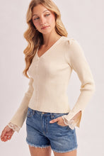 Load image into Gallery viewer, 6358-Lace Cuff Ribbed Knit V-Neck Top-ECRU
