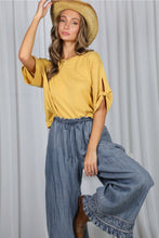 Load image into Gallery viewer, 6346- Flared Ruffle Hem Washed Chambray Crop Denim Pants
