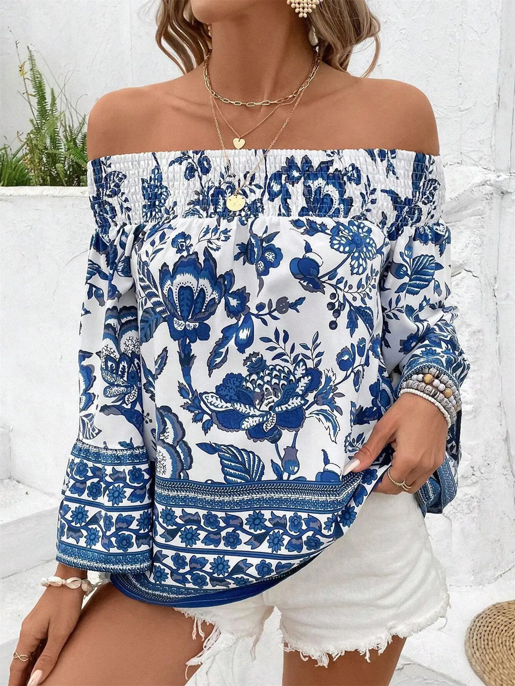 5147-Off Shoulder Floral Print Top