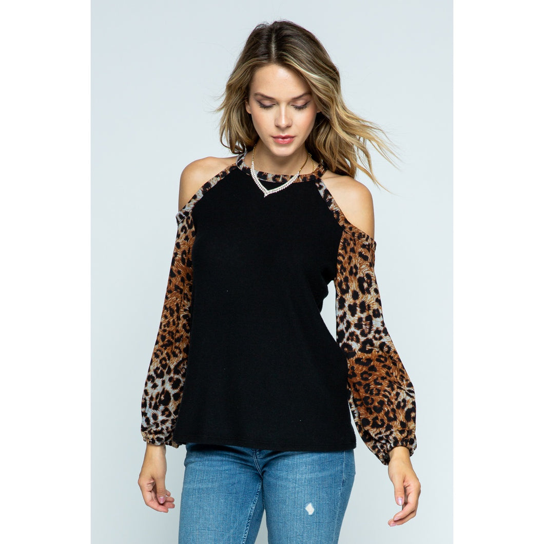5492- Cold Shoulder Long Sleeve Knit Top-BLK/BROWN