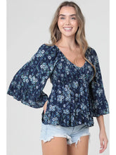 Load image into Gallery viewer, 5823-Eyelet Embroidered and Printed Smocked V Neck-blue
