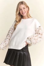 Load image into Gallery viewer, 4768-FAUX FUR SEQUIN SLEEVES SWEATER TOP-CREAM
