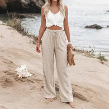 Load image into Gallery viewer, 6113- Women Drawstring Side Detail Wide Leg Beach Pants-KHAKI
