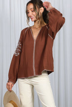 Load image into Gallery viewer, 6568- Floral Embroidered V-Neck Cotton Gauze Blouse-BROWN
