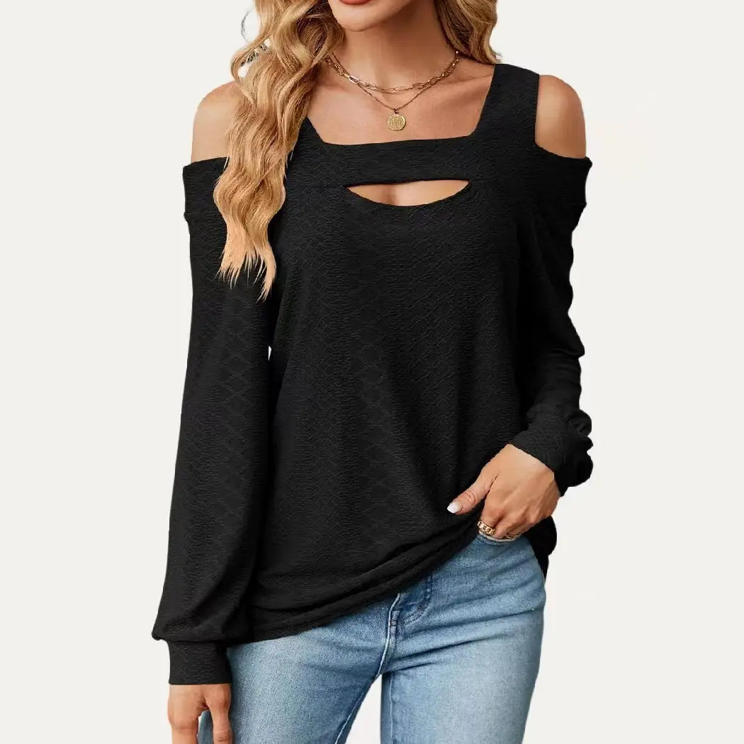 5508-Square Neck Cold Shoulder Long Sleeve Top-BLACK