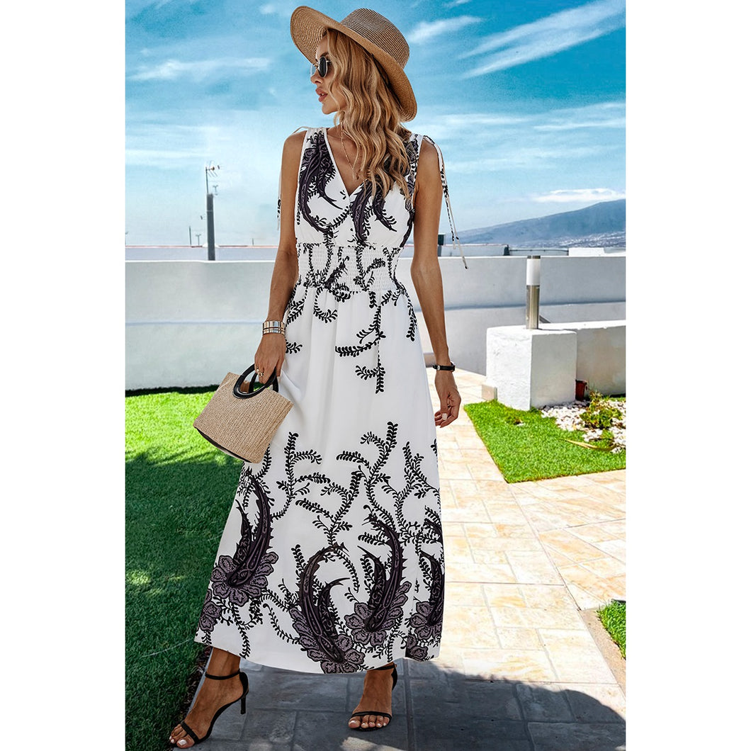 4976-Cross V Neck Floral Print Sleeveless Fit Dress-WHITE