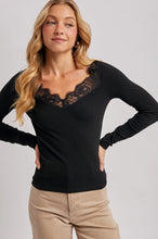 Load image into Gallery viewer, 6713- V-Neck Lace Trim Ribbed Knit Long Sleeve Top

