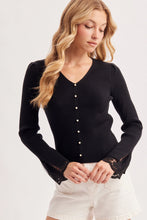 Load image into Gallery viewer, 6357-Lace Cuff Ribbed Knit V-Neck Top-BLACK
