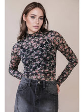 Load image into Gallery viewer, 5842-High Neck Fitted Sheer Mesh Lace Knit Top-BLK FLORAL
