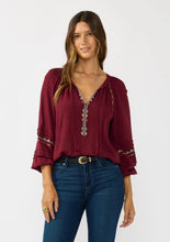 Load image into Gallery viewer, 5591-Embroidered Raglan Split Neck Blouse-BURGUNDY
