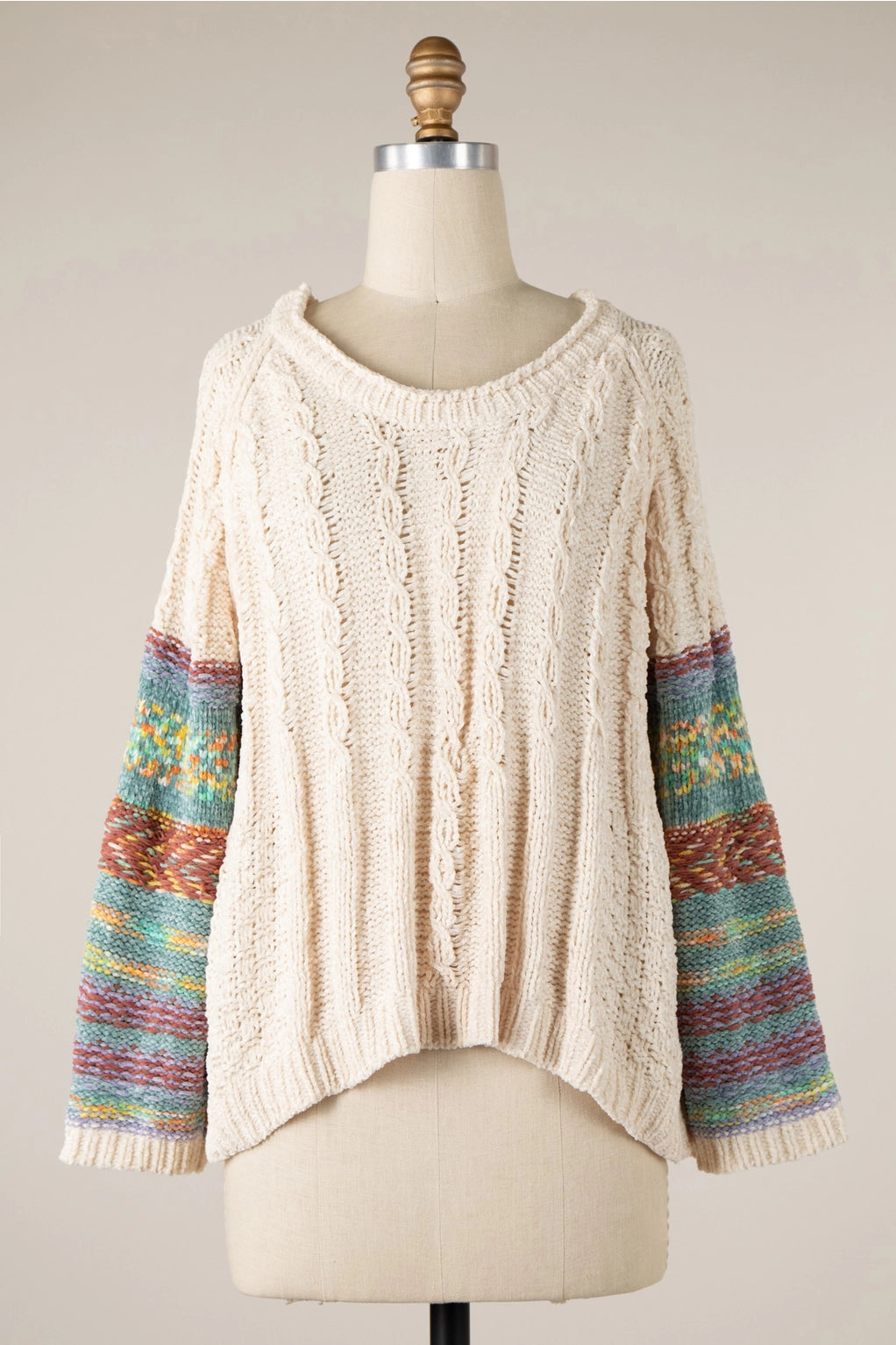 4700-Colorful Pattern Sleeve Braid Chenille Sweater