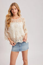 Load image into Gallery viewer, 6354- Boho Sheer Crochet 3/4 Sleeved Top-NATURAL
