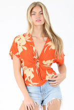 Load image into Gallery viewer, 5180-V Neck Ring Cut Out Blouse in Tropical Print-ORANGE
