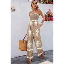 Load image into Gallery viewer, 4415-Off Shoulder Ruched Printed Jumpsuit -KHAKI
