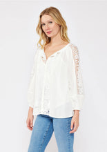 Load image into Gallery viewer, 5044-Floral Lace Trim 3/4 Sleeve Split Neck Top-WHITE
