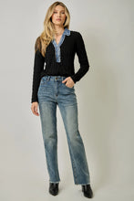 Load image into Gallery viewer, 6577- Denim Mix Textured Knit Henley Top-BLACK
